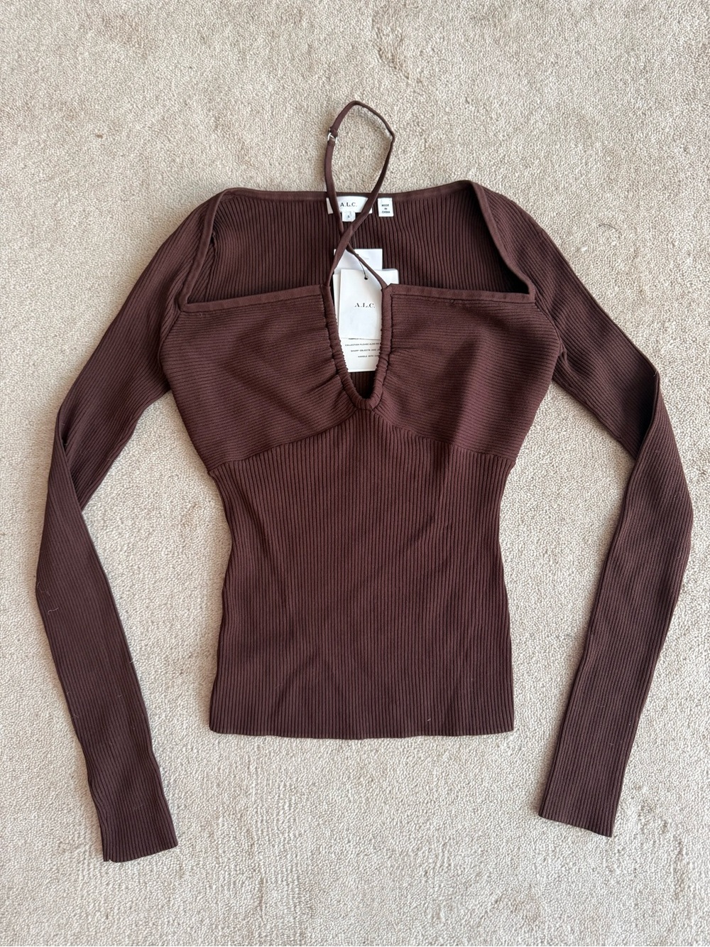 A.L.C. Chocolate Brown Ribbed Long-Sleeve Halter Top
